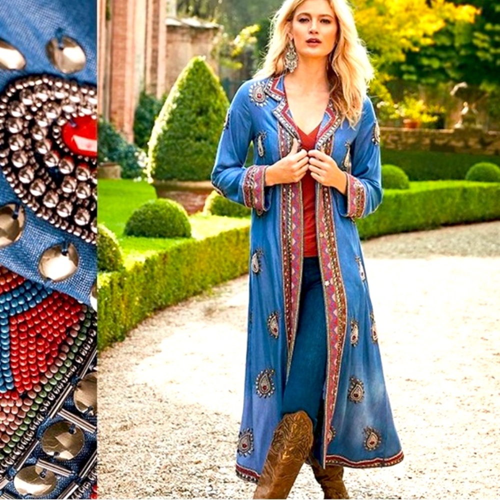 Soft Surroundings Charmayne RARE Denim Duster in Chambray, Beaded - Size Small
